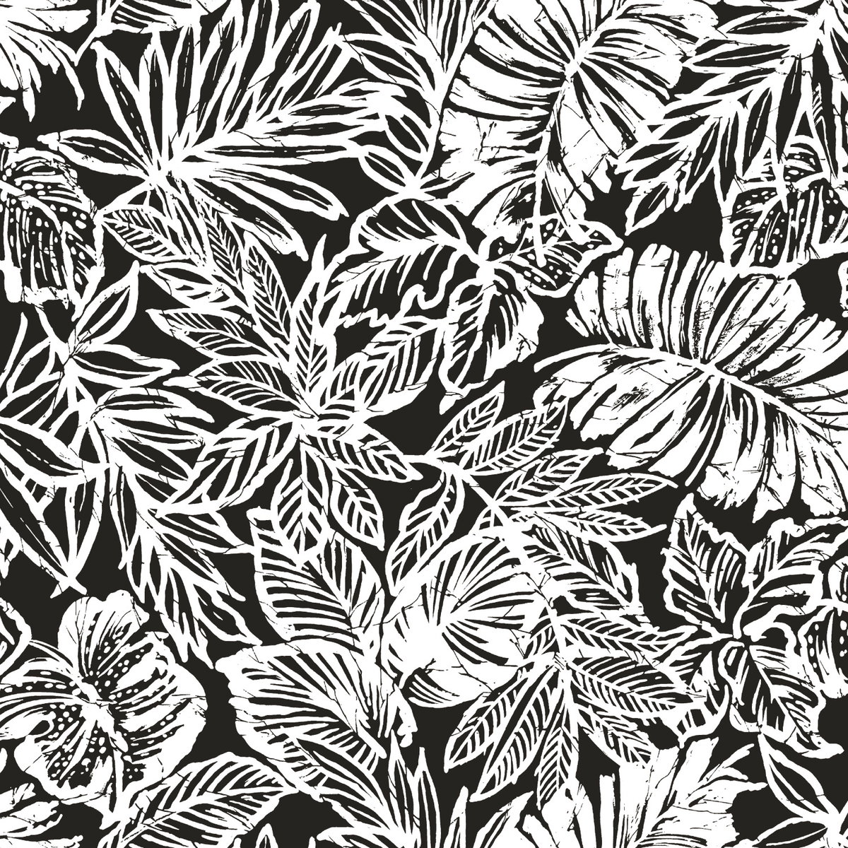 Batik Tropical Leaf Black Peel & Stick Wallpaper, by York Wall, 16'6" length x 1'8.5" width x 0.02" depth