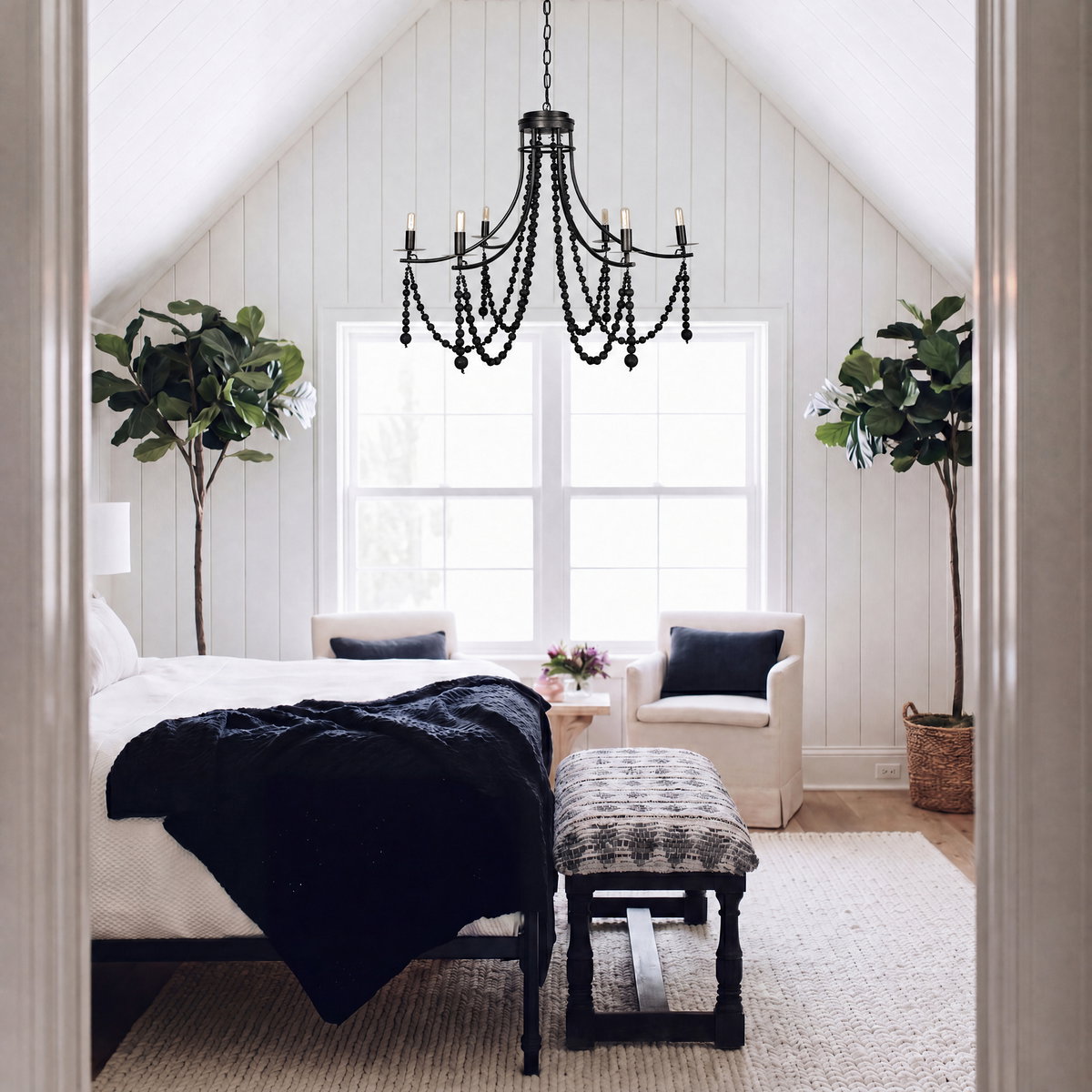 Selma Black Wood Bead and Metal Chandelier, by Mercana, 37.8" length x 33.27" width x 96.85" height View 3