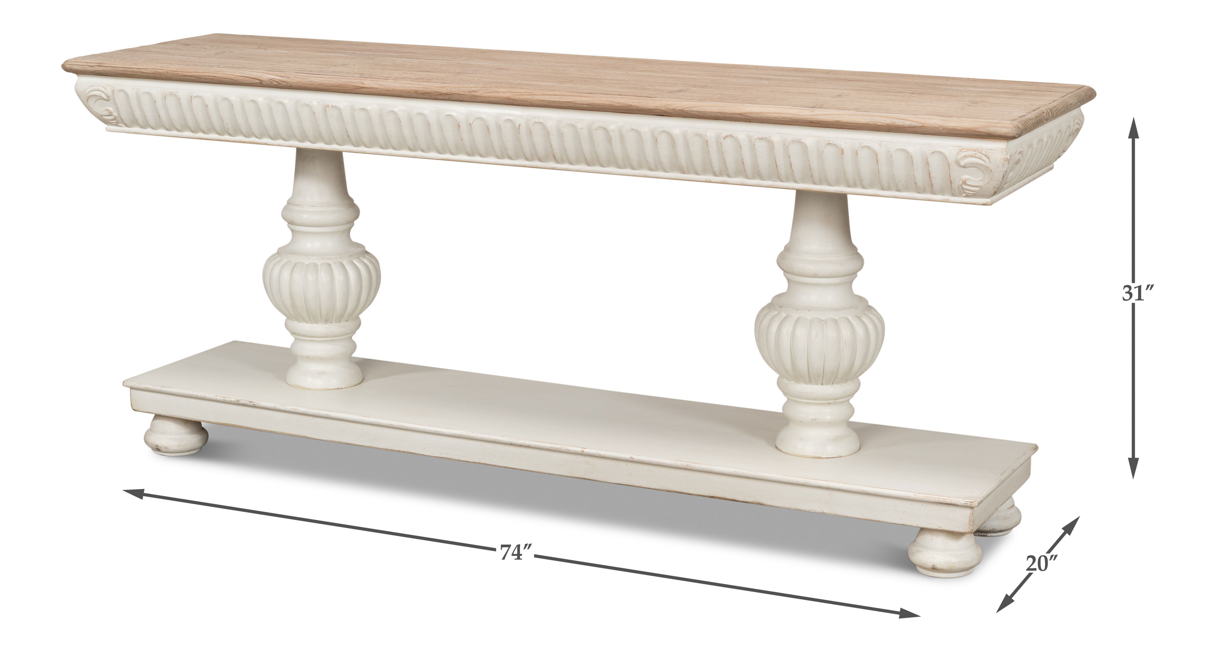 Hugo Console, Ant.White W/Natural Top, Console Table by Sarreid, 74" length x 20" width x 31" height View 13