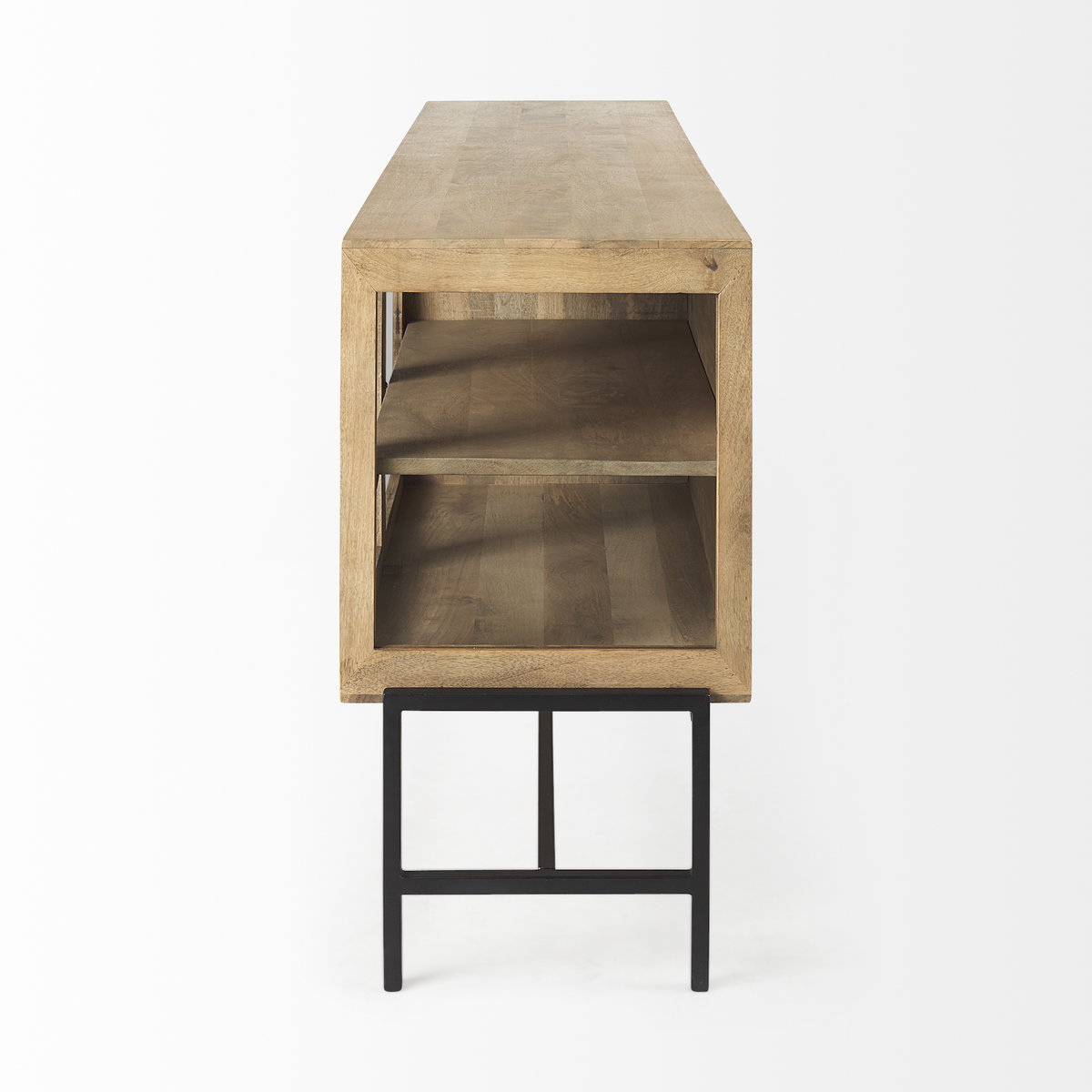 Arelius 70L x 18.75W x 32H Light Brown Wood, Black Metal Base with 4 Glass Cabinet Doors Sideboard, Sideboards & Buffet by Mercana, 70" length x 18.75" width x 32" height View 6