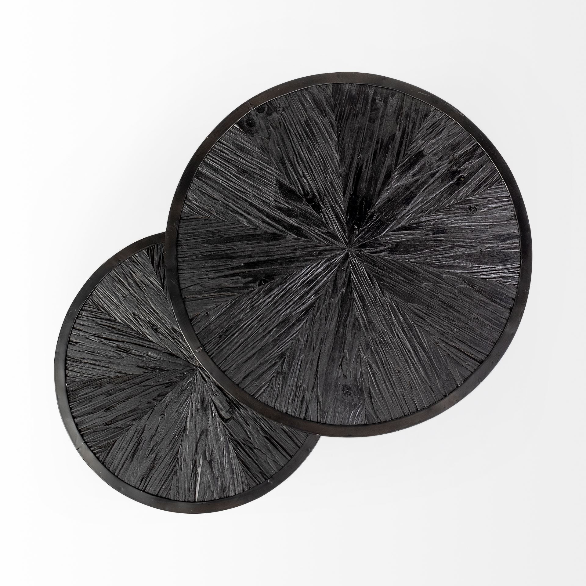 Chakra 19.7' Set of Two Round Dark Wood Top Black Frame Accent Tables, Side & End Table by Mercana, 19.69" length x 19.69" width x 19.69" height View 8