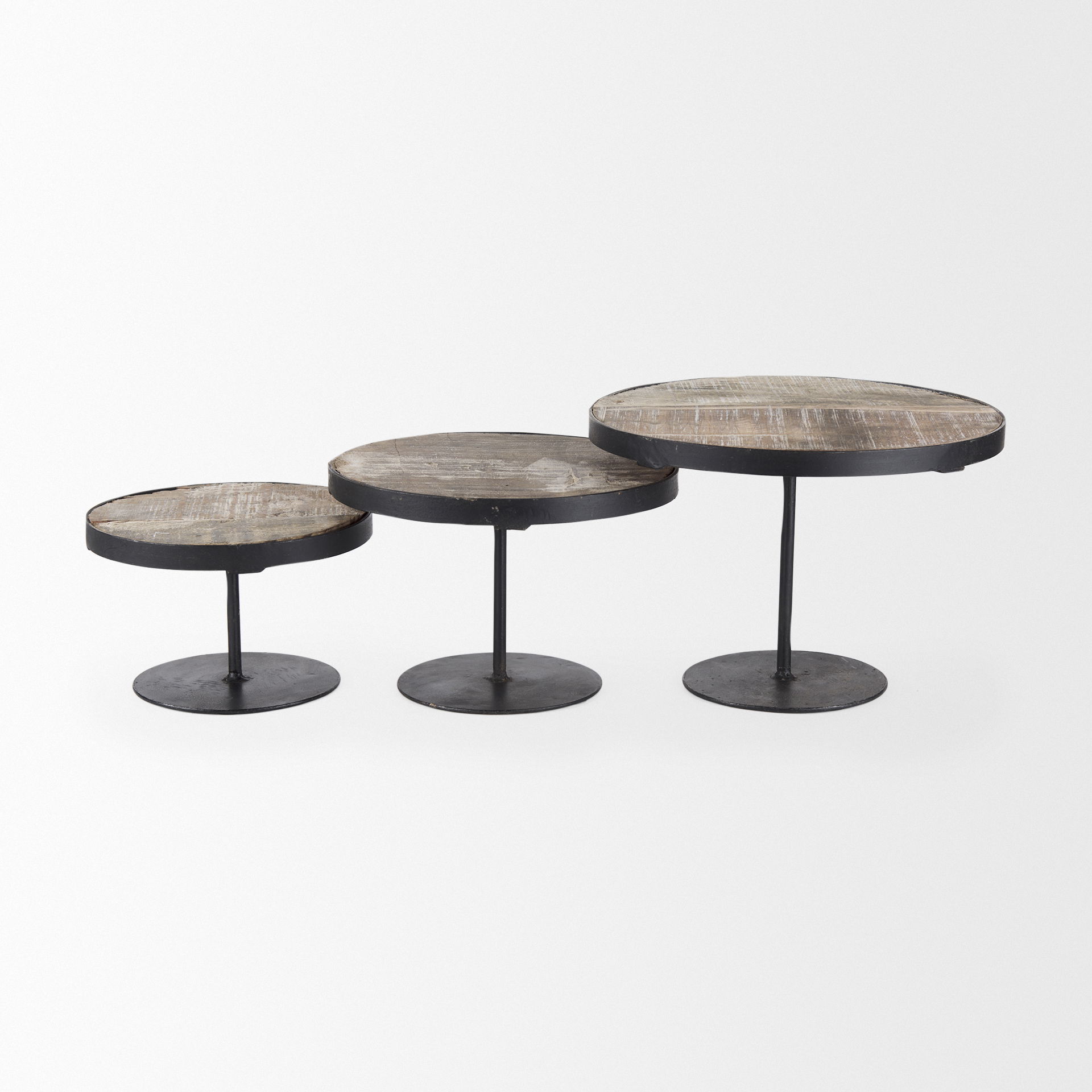 Lorenz (Set of 3) Light Brown Wood with Black Metal Base Round Decorative Display Stands, Decorative Tray by Mercana, 12" length x 12" width x 8" height View 4