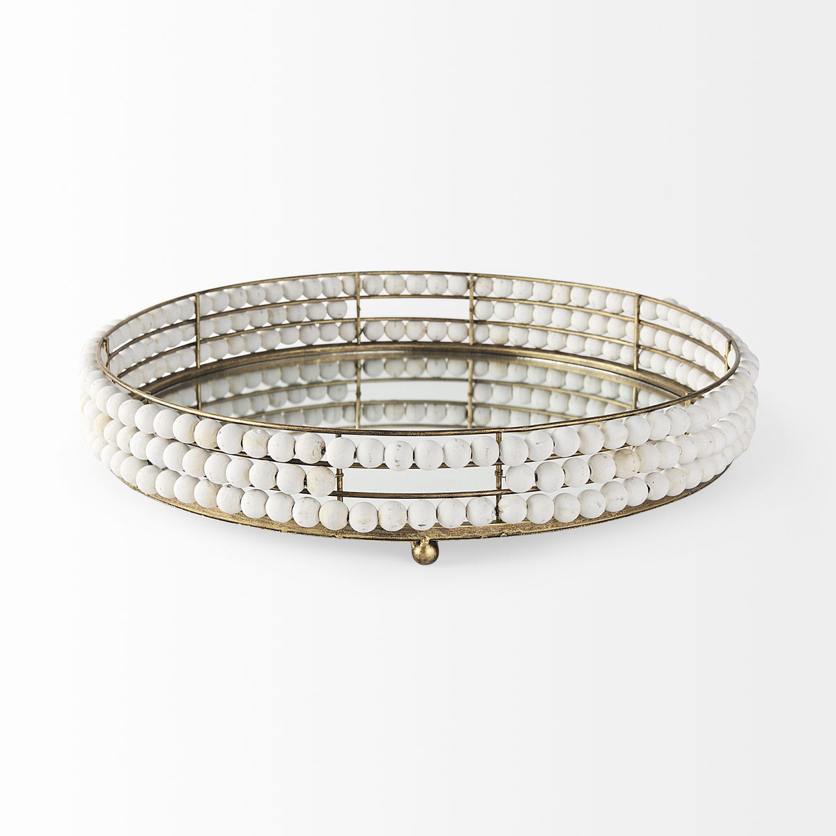 Decatur I 21L x 21W White Wooden Bead Mirrored Bottom Round Tray, Decorative Tray by Mercana, 21.26" length x 21.26" width x 3.94" height View 3