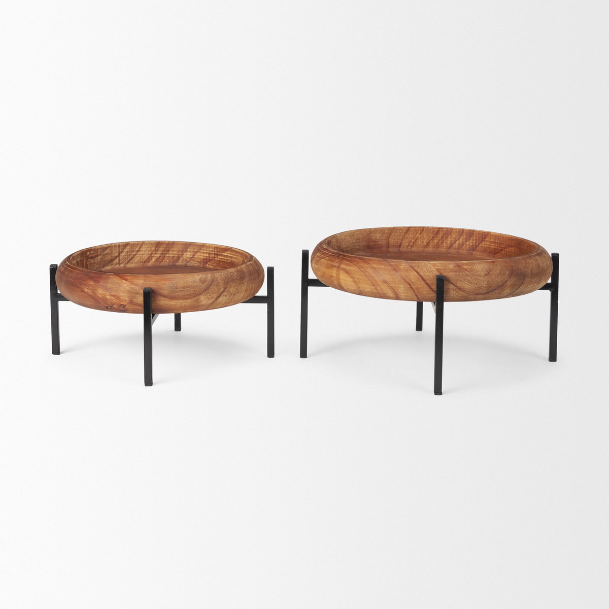 Wally Round Medium Brown Wood with Matte Black Metal Stand Trays, Decorative Tray by Mercana, 14.25" length x 14.25" width x 6.75" height View 5
