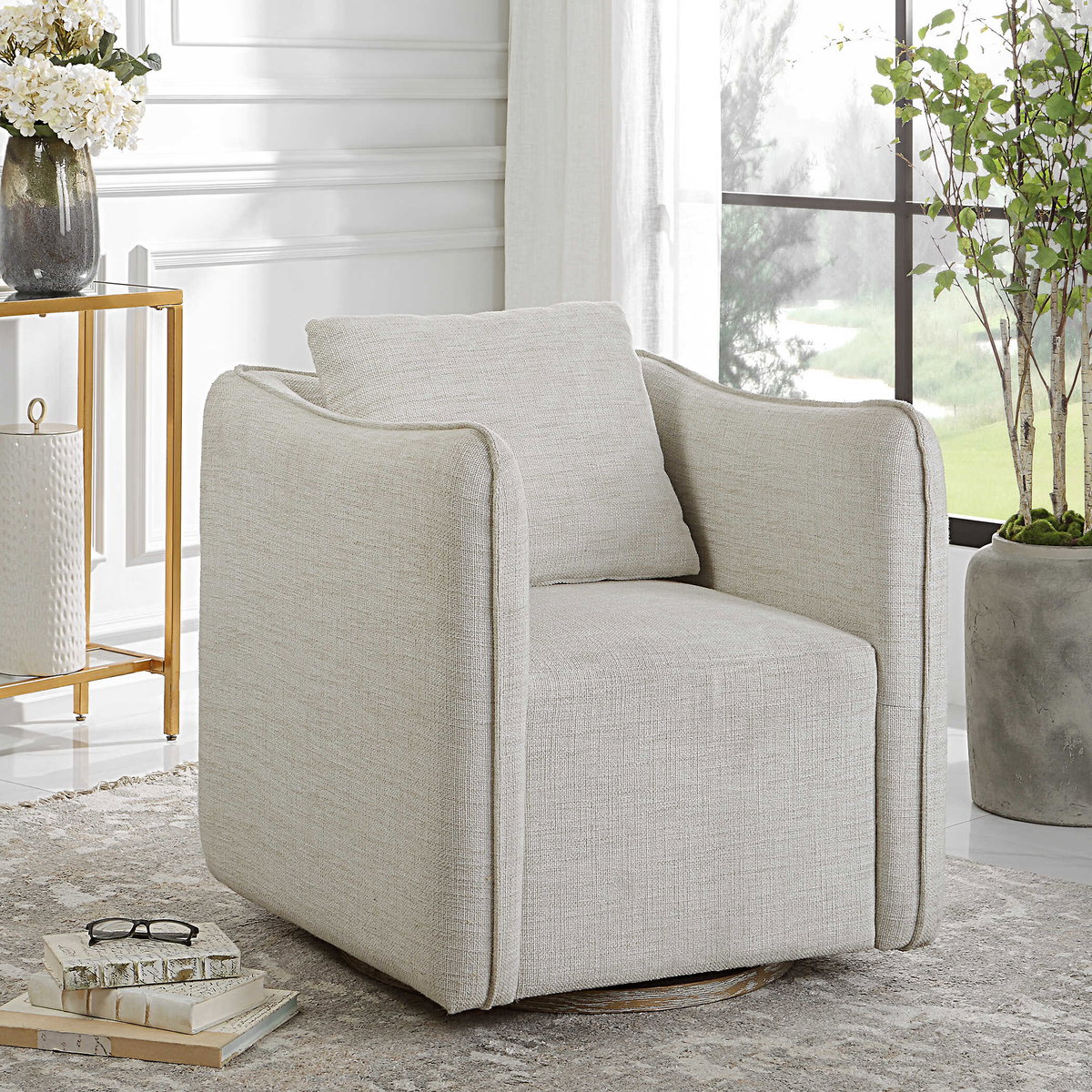 Corben White Swivel Armchair, Accent Chair by Uttermost, 30" width x 30" height x 30" depth View 4