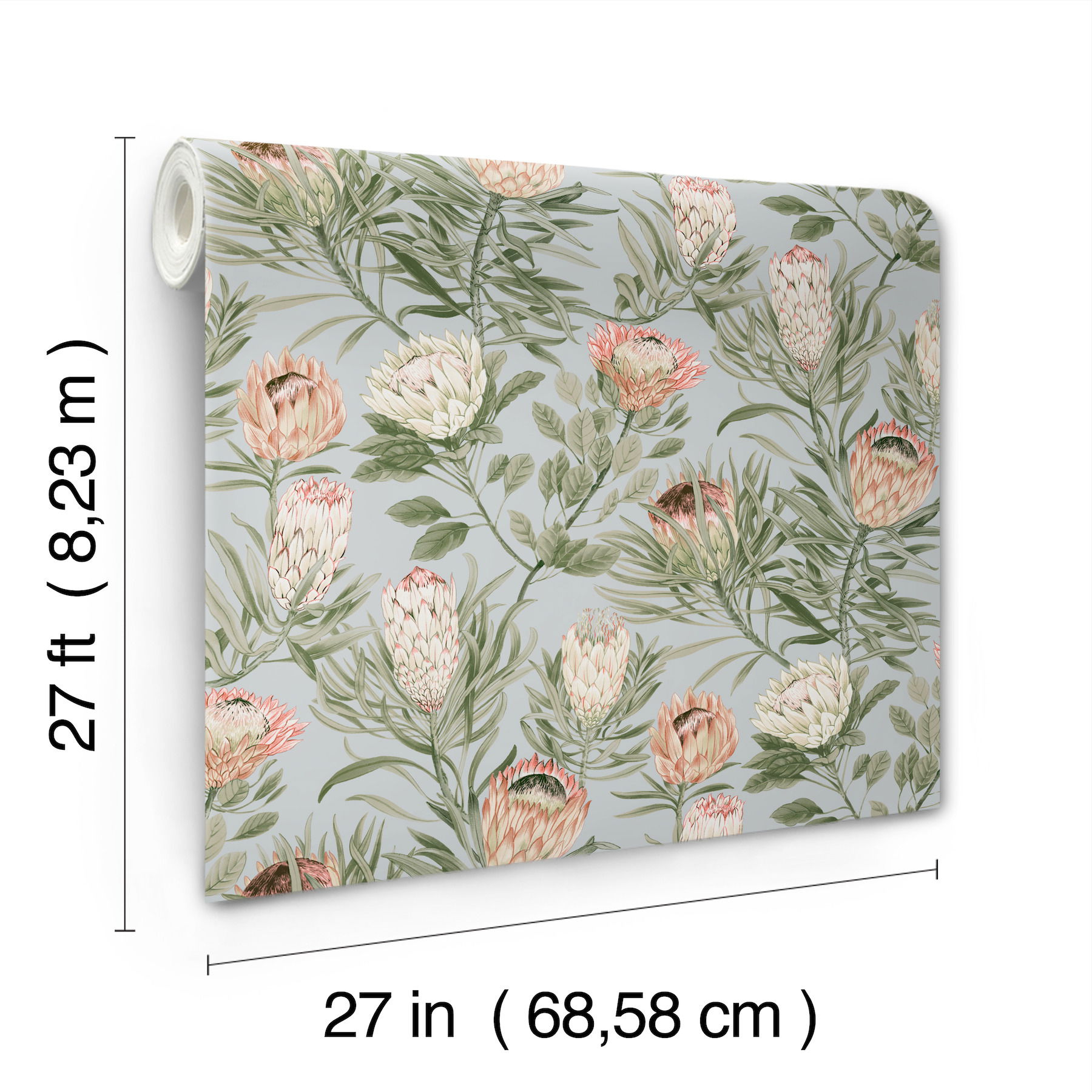 Protea Dusty Blue & Coral Wallpaper large image 