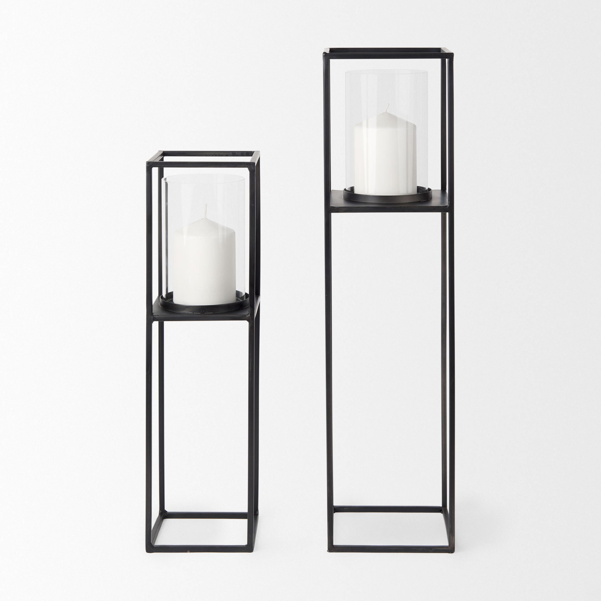 Cindy Set of 2 Matte Black Metal and Hurricane Glass Pillar Tabletop Candle Holders, Candles & Candle Holder by Mercana, 5.91" length x 5.91" width x 23.03" height View 3