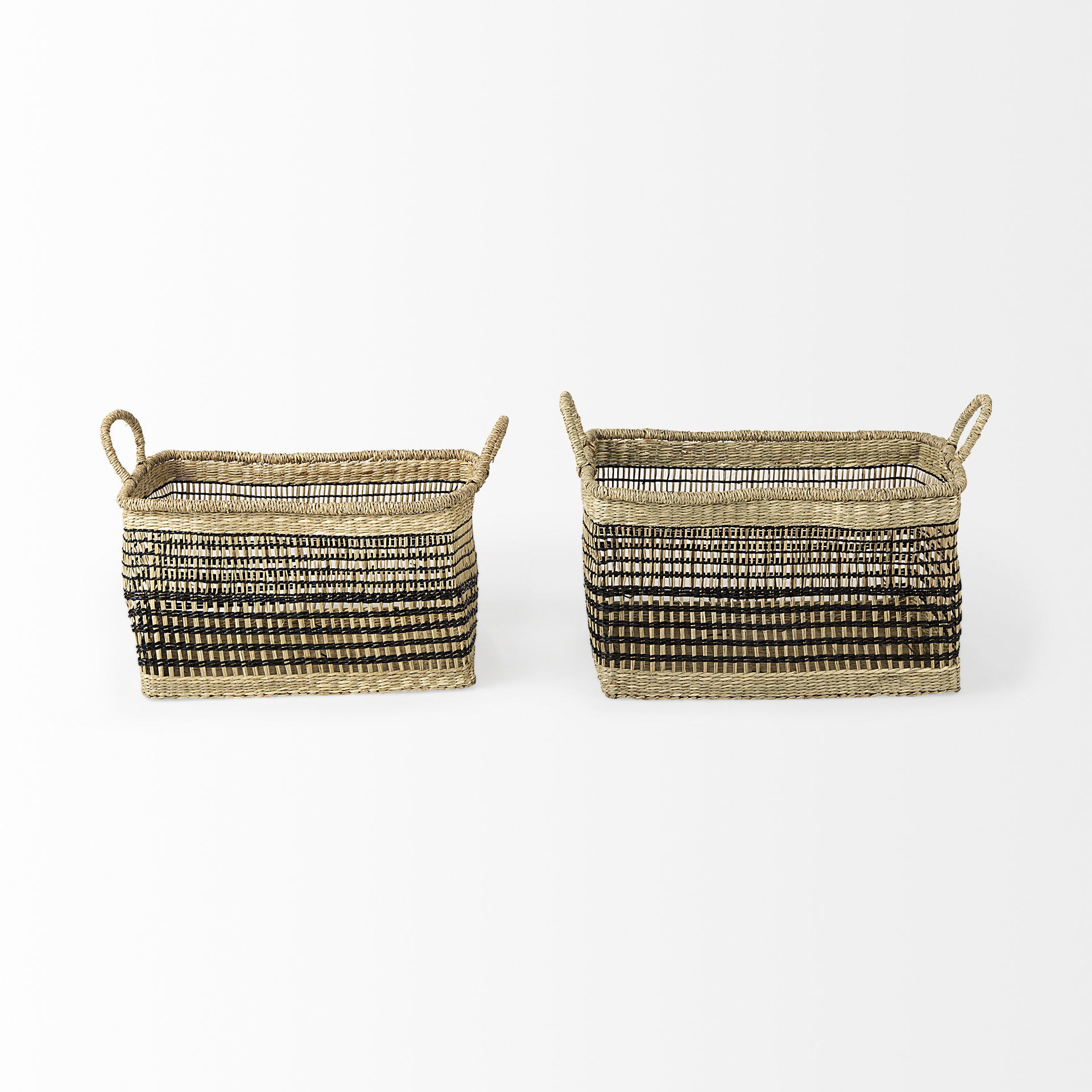 Nia  Set of 2 Light Brown Seagrass Rectangular Basket with Handles, Bins & Basket by Mercana, 18.5" length x 13.39" width x 14.57" height View 2
