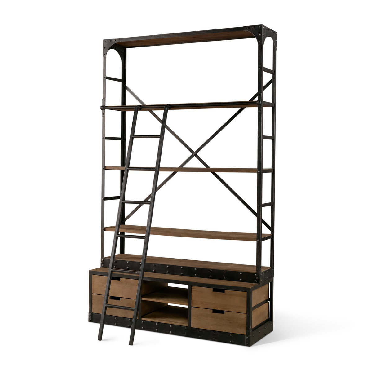 Brodie VIII 57L x 20.5W x 94H Brown Wood Gun-Metal Ladder Four Shelf Shelving Unit, Shelving & Bookcase by Mercana, 57" length x 20.5" width x 94" height View 1