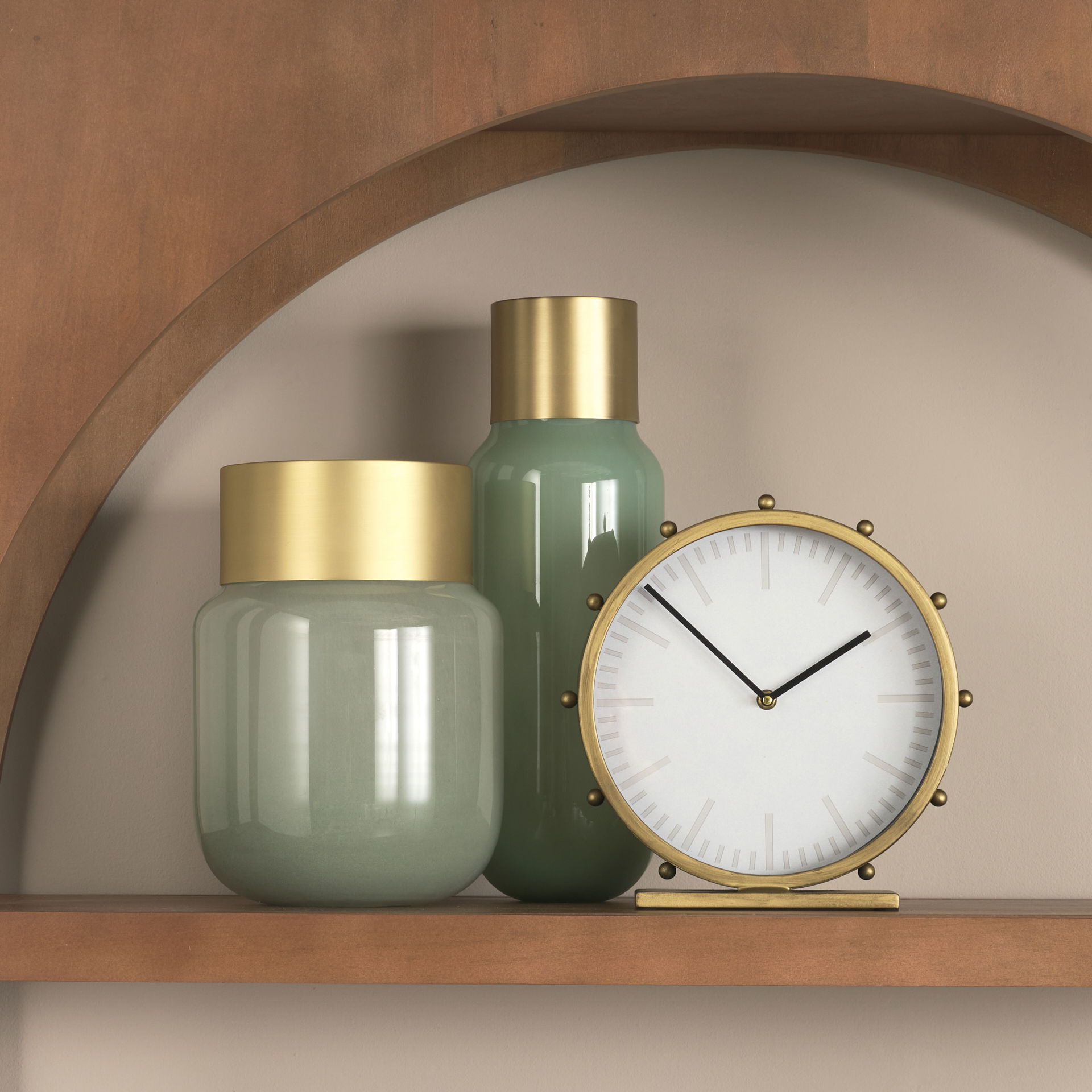 Marian  Gold Metal with Studs Round Table Clock, by Mercana, 11.02" length x 3.15" width x 11.02" height View 4