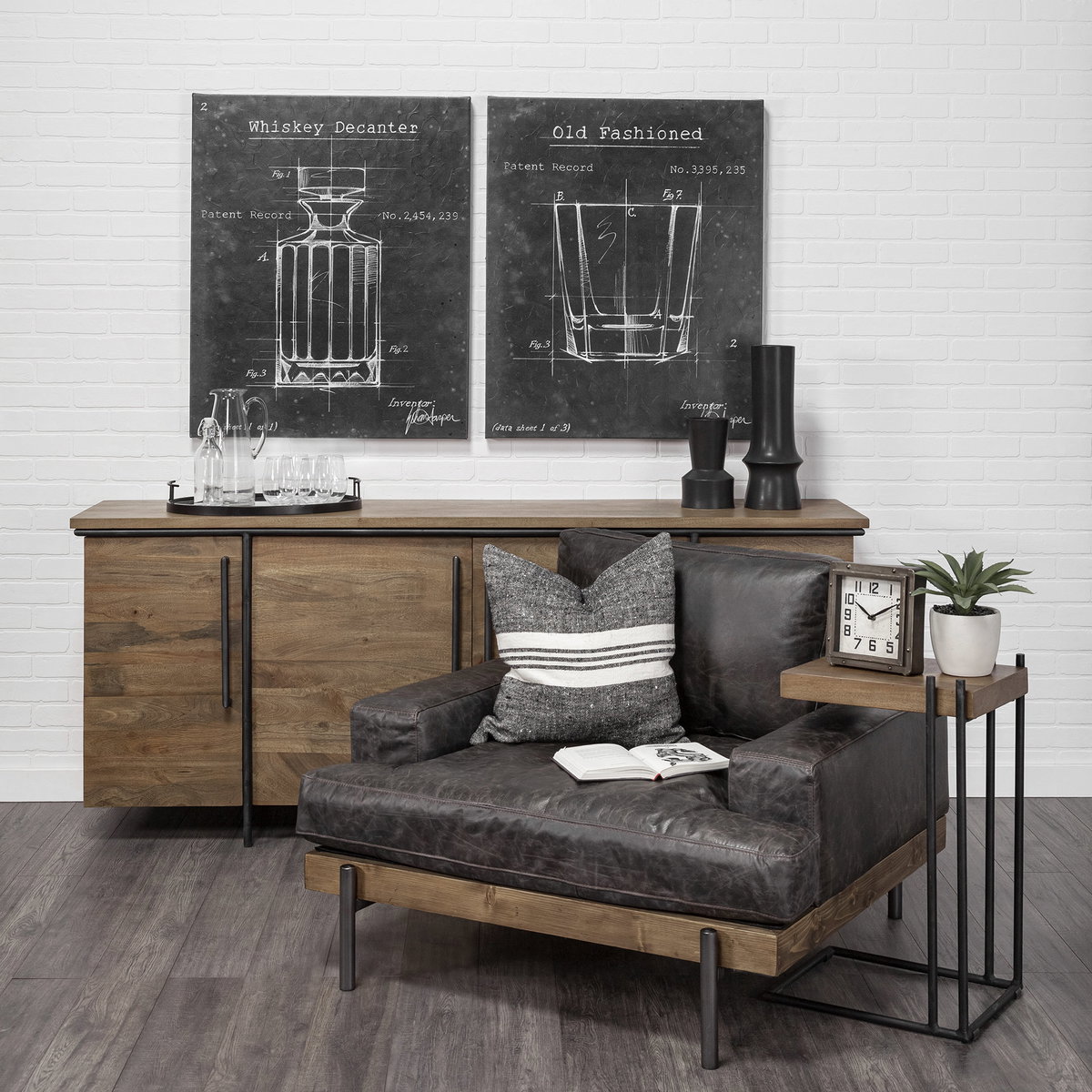 Maddox 16L x 13.5W x 27H Medium Brown Wood with Black Metal C-shaped End/Side Table, Side & End Table by Mercana, 17.12" length x 13.5" width x 27" height View 3