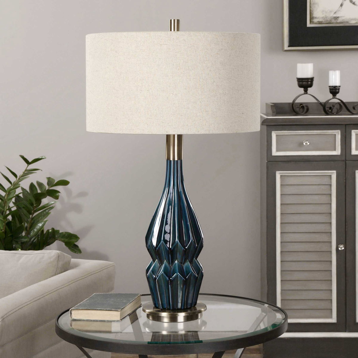 Prussian Blue Ceramic Lamp, Table Lamp by Uttermost, 18" width x 31.5" height x 18" depth View 2