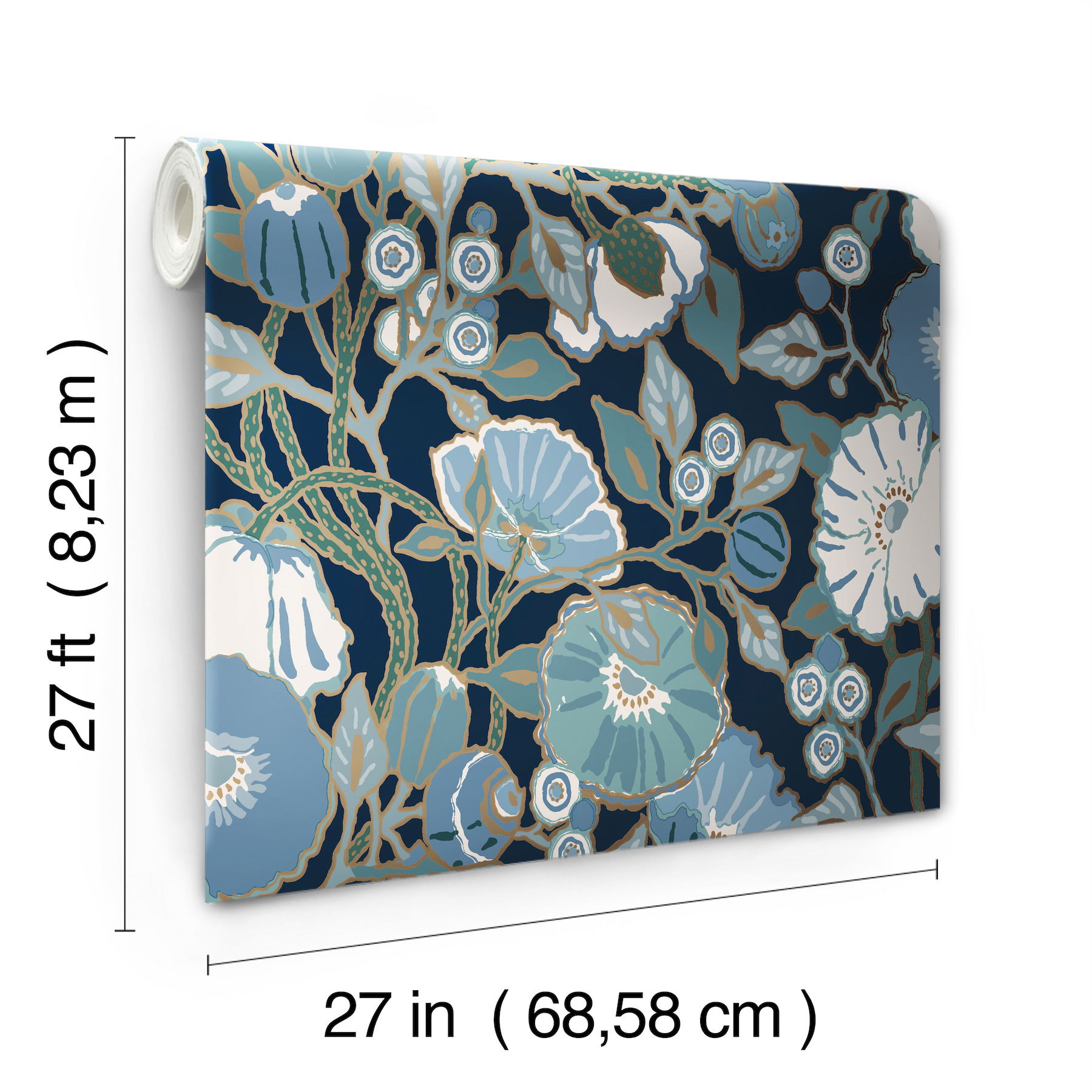 Poppies Black & Blue Metallic Wallpaper large image 
