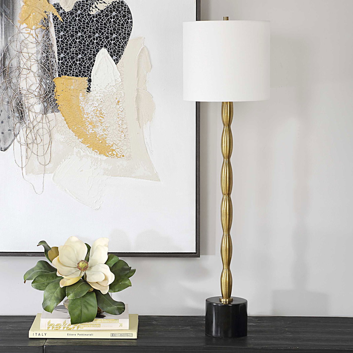 Ezra Brass Buffet Lamp, Table Lamp by Uttermost, 9" width x 37" height x 9" depth View 4