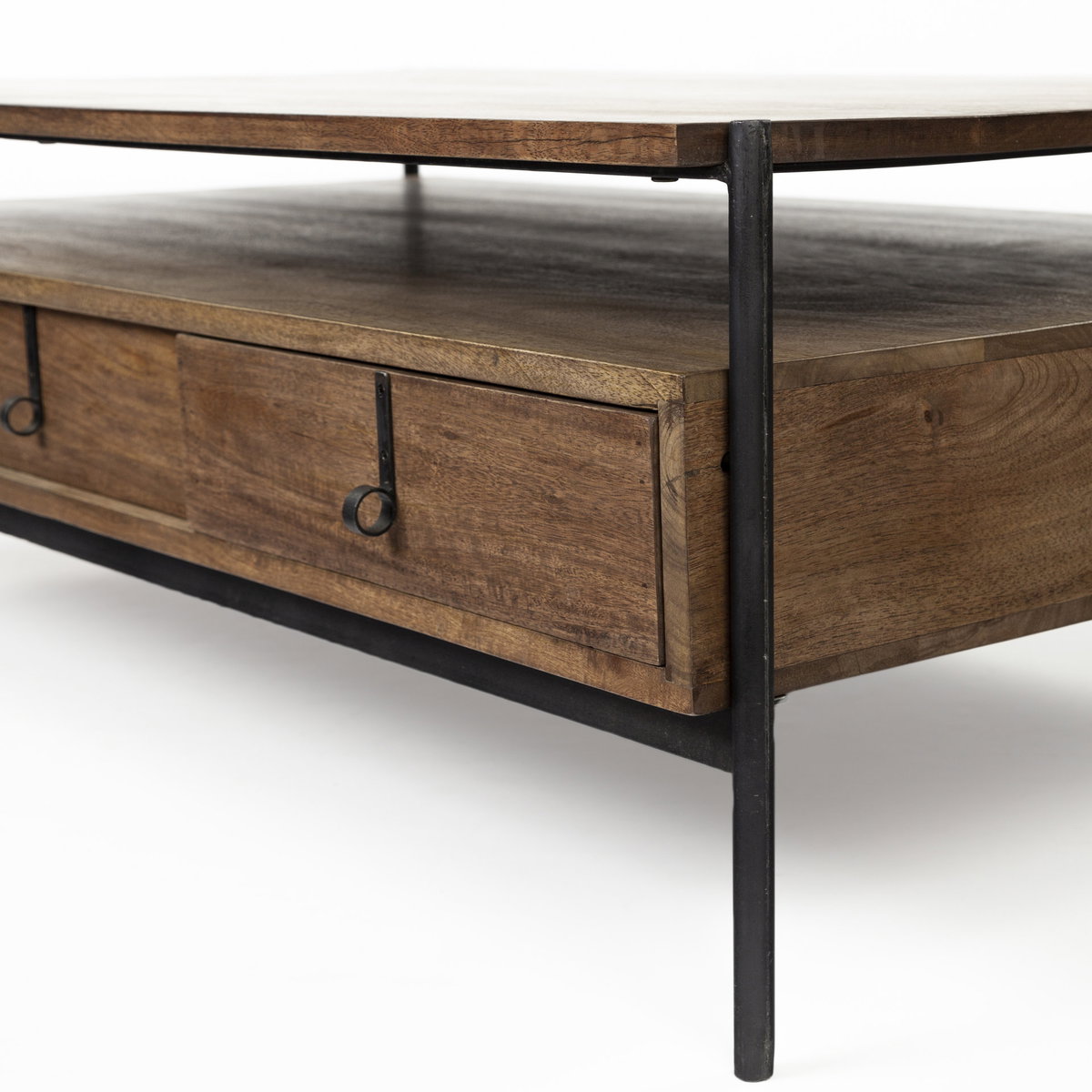 Glenn II 54x30 Dark Brown Wood with Black Iron Frame, Rectangle 3 Drawers Coffee Table, by Mercana, 55.75" length x 30.5" width x 17" height View 12