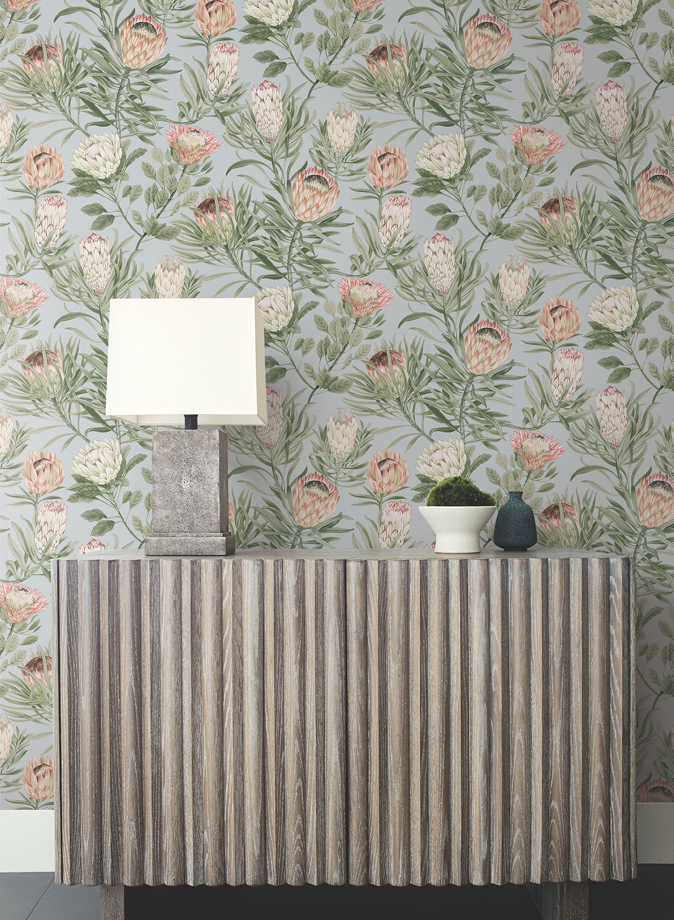 Protea Dusty Blue & Coral Wallpaper large image 