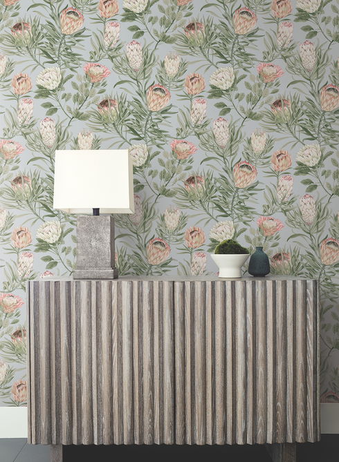 Protea Dusty Blue & Coral Wallpaper