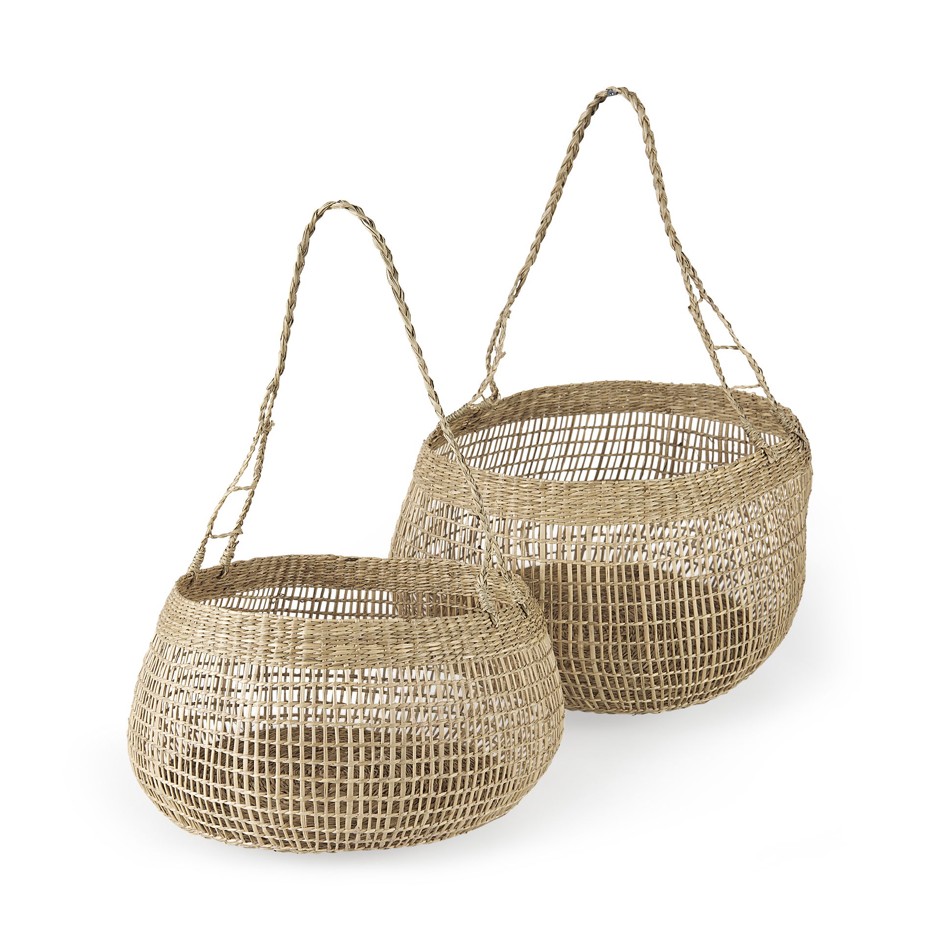 Nova 15.0L x 15.0W x 9.4H (Set of 2) Light Brown Seagrass Woven Round Basket with Long Handle, Bins & Basket by Mercana, 17.72" length x 9.45" width x 23.62" height View 1