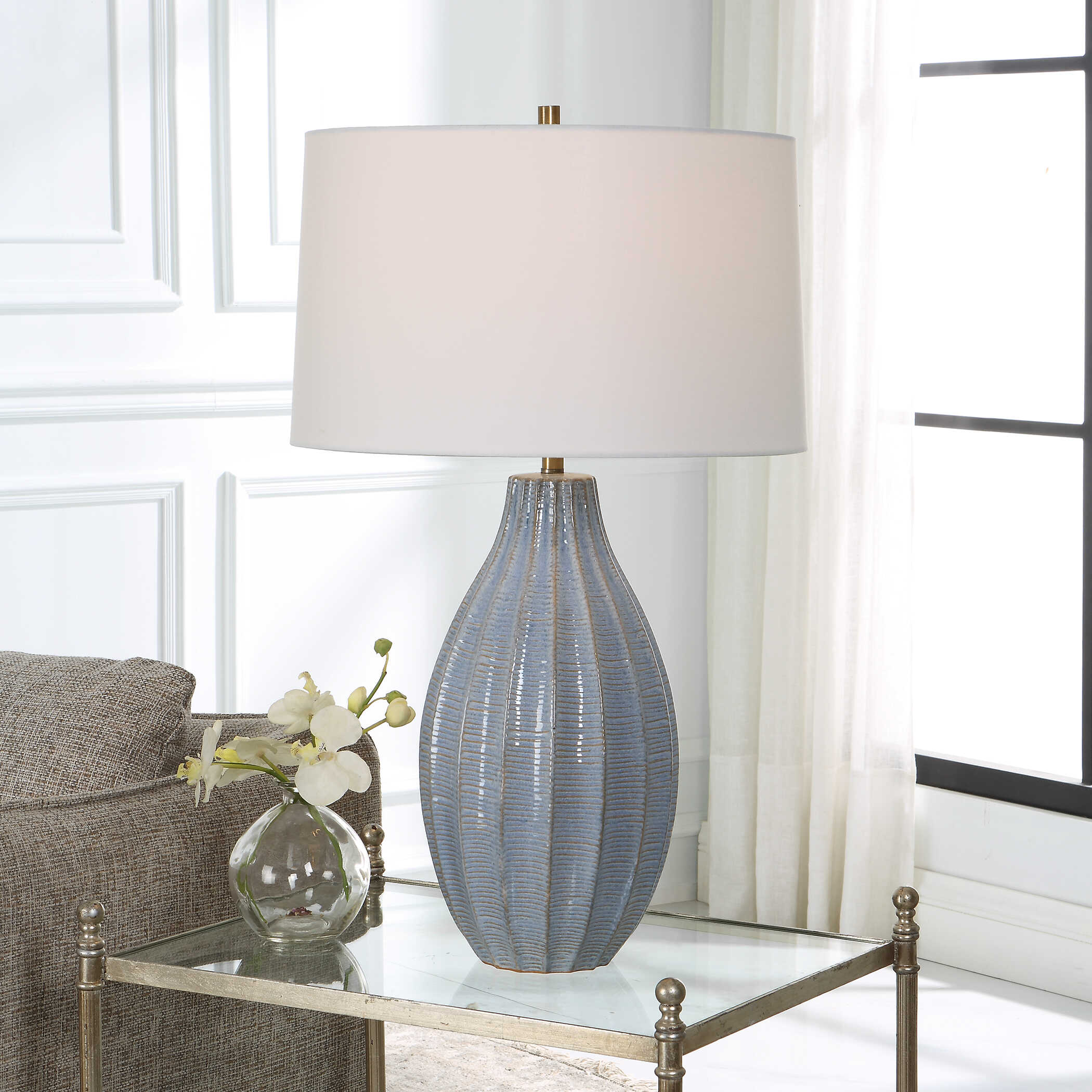Veston Blue Glaze Table Lamp, by Uttermost, 17" width x 28" height x 17" depth View 2