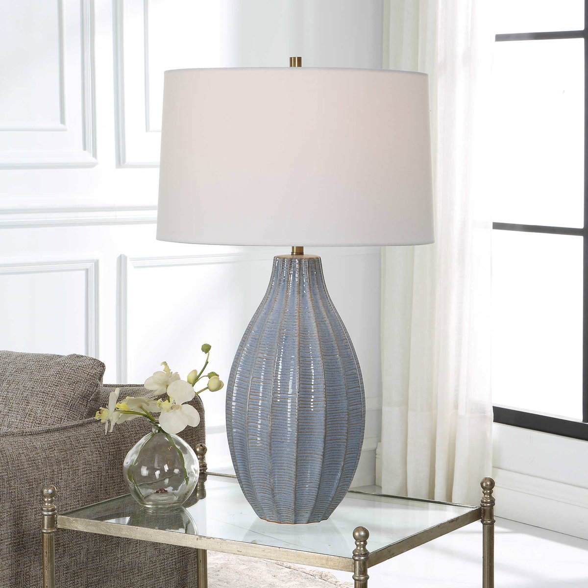 Veston Blue Glaze Table Lamp, by Uttermost, 17" width x 28" height x 17" depth View 2