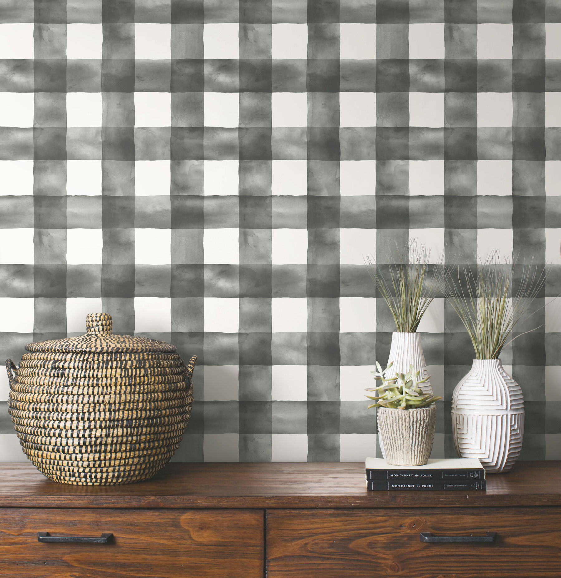 Magnolia Home Watercolor Check Black Peel & Stick Wallpaper, by York Wall, 20' length x 1'8.5" width x 0.02" depth View 3