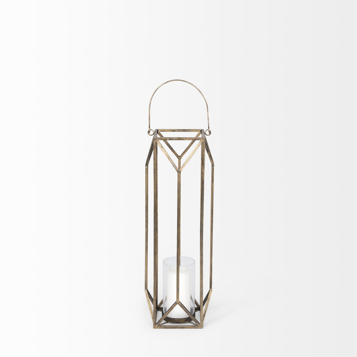 Ivy Small Gold Metal Geometric Cage Candle Holder Lantern, Lighting by Mercana, 8.27" length x 8.27" width x 29.72" height View 5