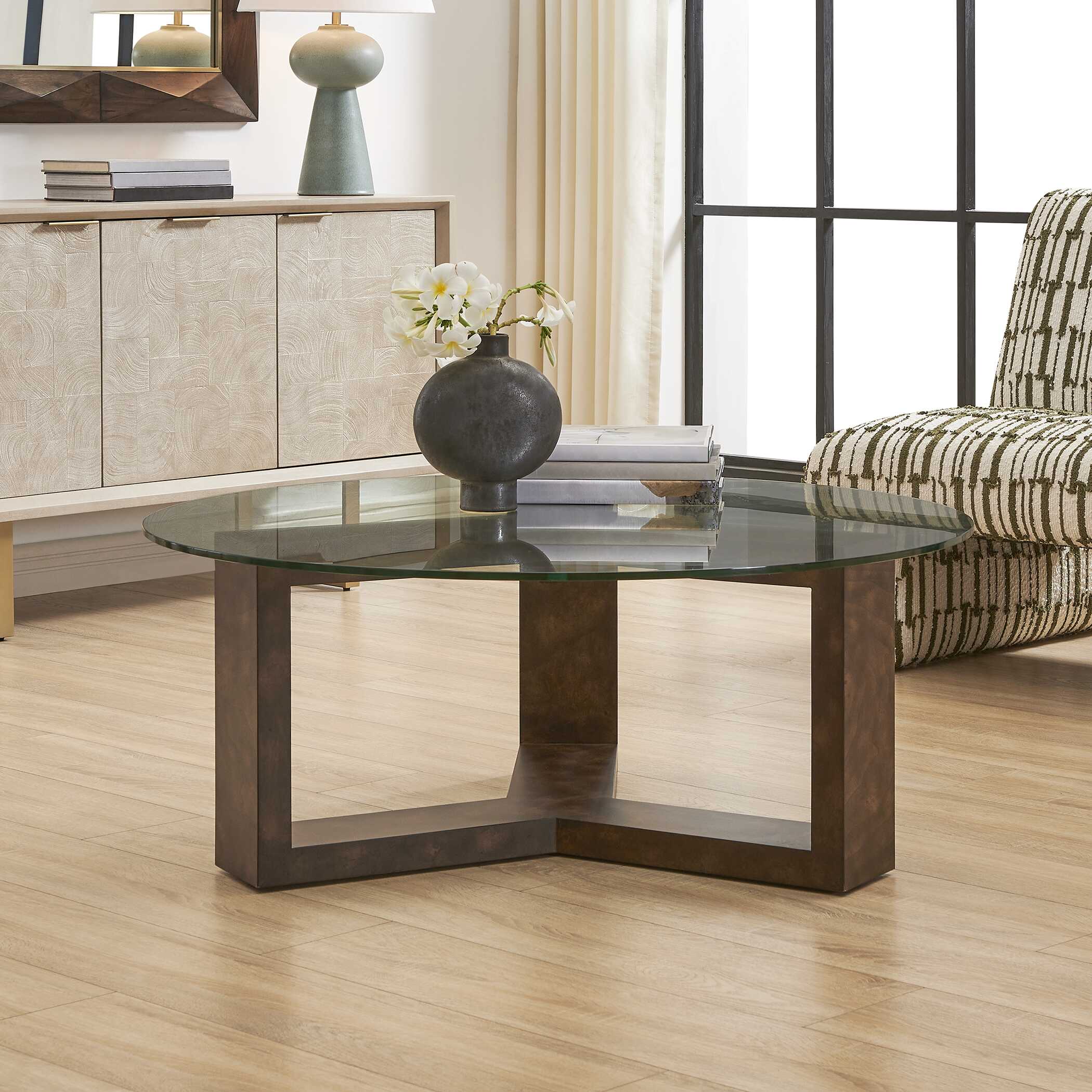 Ignis Round Glass Coffee Table, Furniture by Uttermost, 42" width x 16.5" height x 42" depth View 2