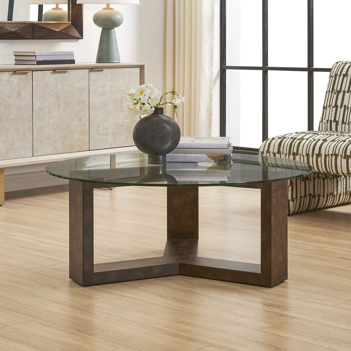 Ignis Round Glass Coffee Table, by Uttermost, 42" width x 16.5" height x 42" depth View 2