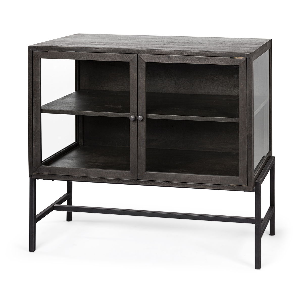 Arelius  36L x 18W Black-Brown Wood, Black Metal Base with 2 Glass Doors Accent Cabinet, Cabinets & Chest by Mercana, 36" length x 18" width x 32" height View 1