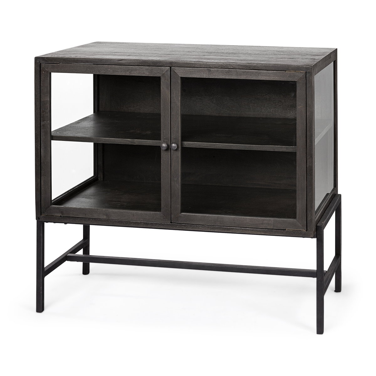 Arelius  36L x 18W Black-Brown Wood, Black Metal Base with 2 Glass Doors Accent Cabinet, Cabinets & Chest by Mercana, 36" length x 18" width x 32" height View 1