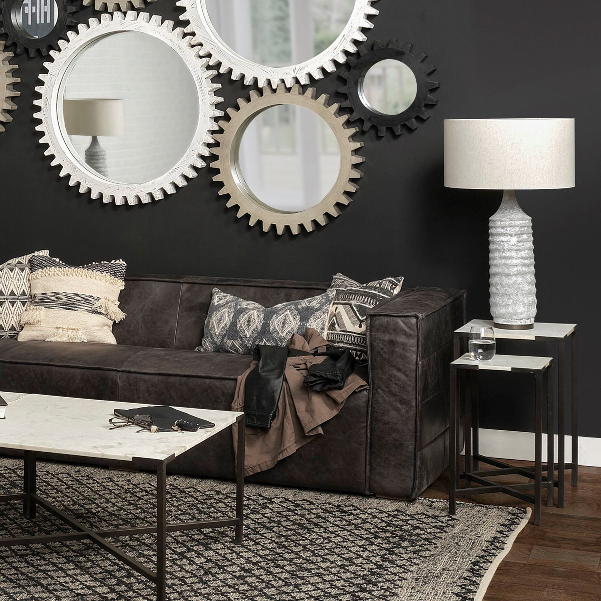 Lucas III (Set of 2) 15L x 15W; 12L x 12W White Marble with Black Iron Frame Accent Tables, Side & End Table by Mercana, 15" length x 15" width x 24" height View 3