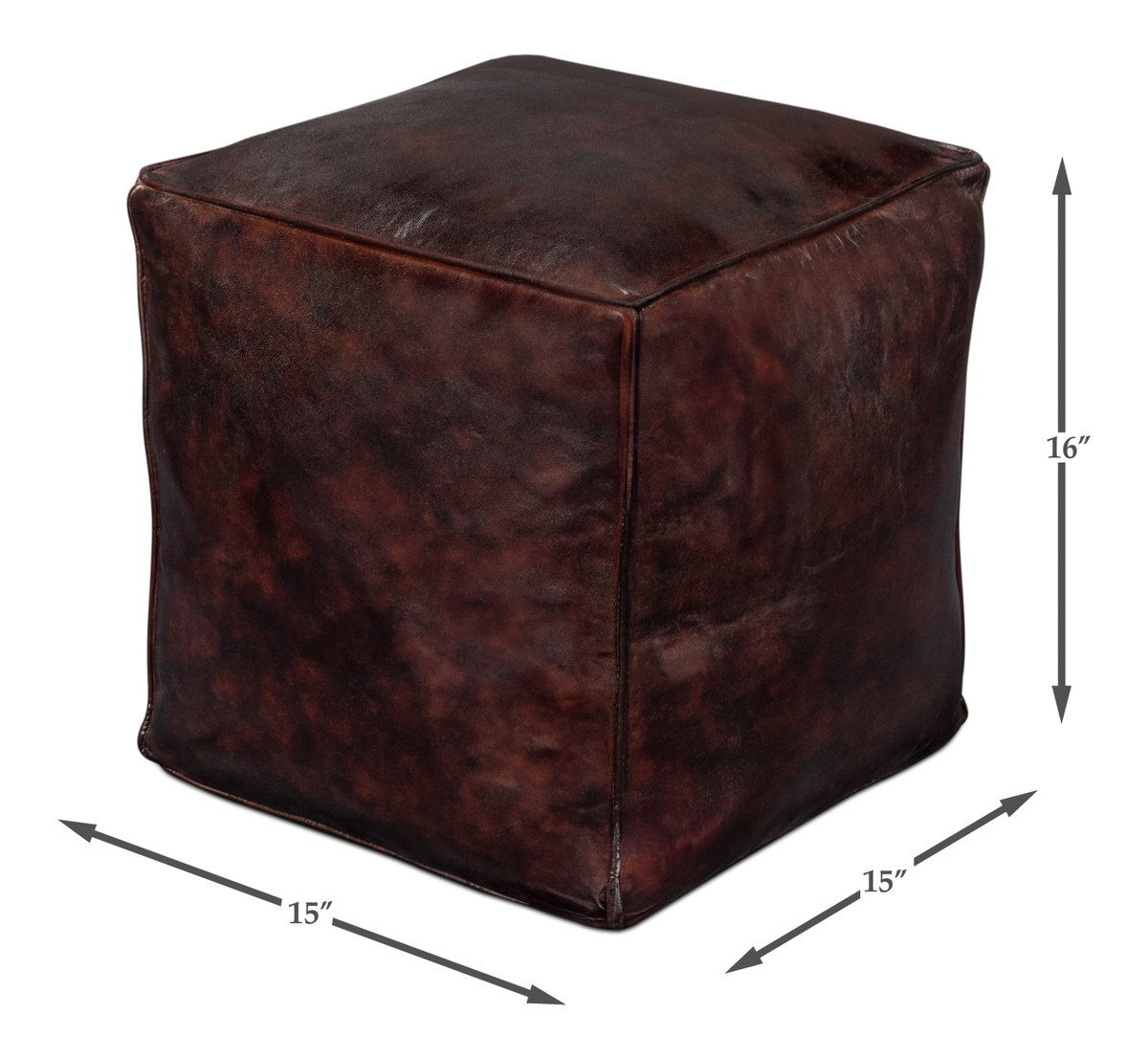 Sunday Afternoon Leather Cube Dark Brn, by Sarreid, 1'3" length x 1'3" width x 1'4" height View 10