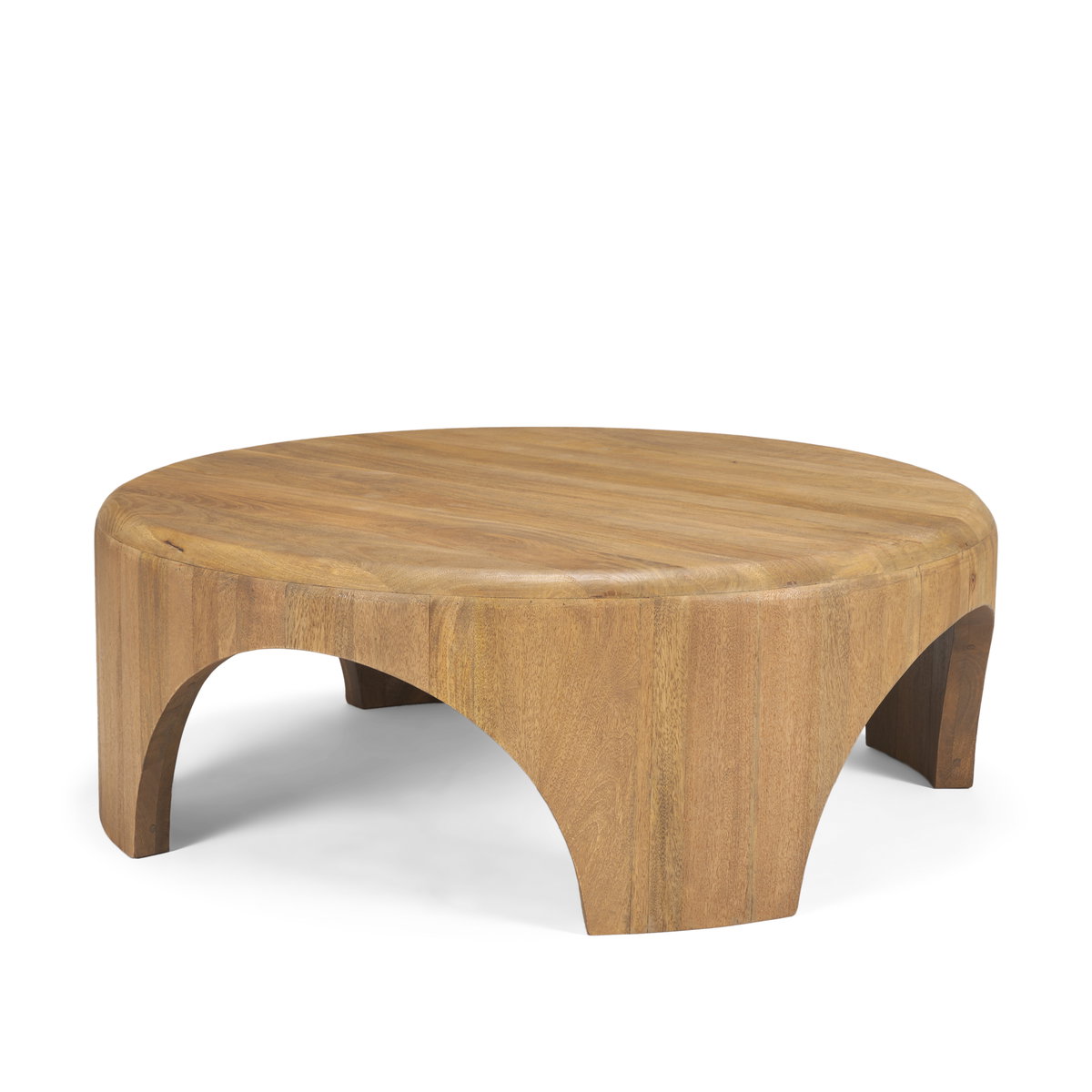 Shima Round Light Brown Wood with Arched Legs Coffee Table, by Mercana, 45" length x 45" width x 16" height View 1