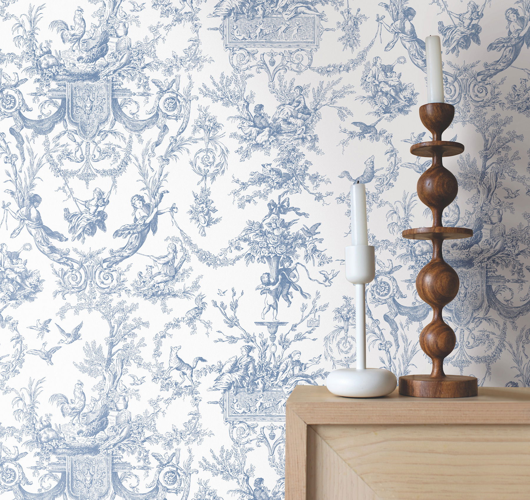 Old World Toile Blue & White Wallpaper large image 