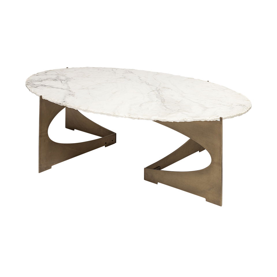 Reinhold 48x30 Oval Marble Top Gold Metal Base Coffee Table