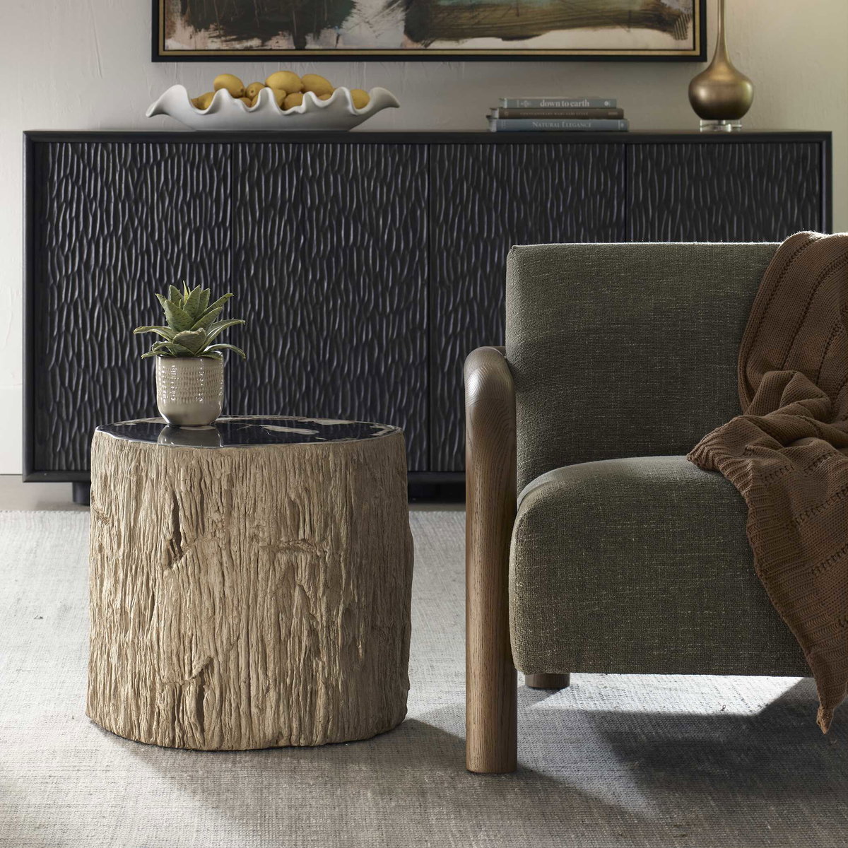 Arco Petrified Wood Top Accent Table, Furniture by Uttermost, 17" width x 18" height x 15" depth View 2