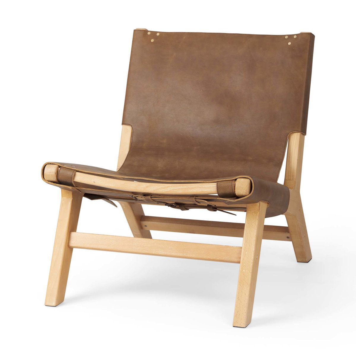 Elodie 24.4L x 33.9W x 30.7H Brown Leather with Natural Beech Wood Frame Accent Chair, by Mercana, 24.41" length x 31.9" width x 30.71" height View 1