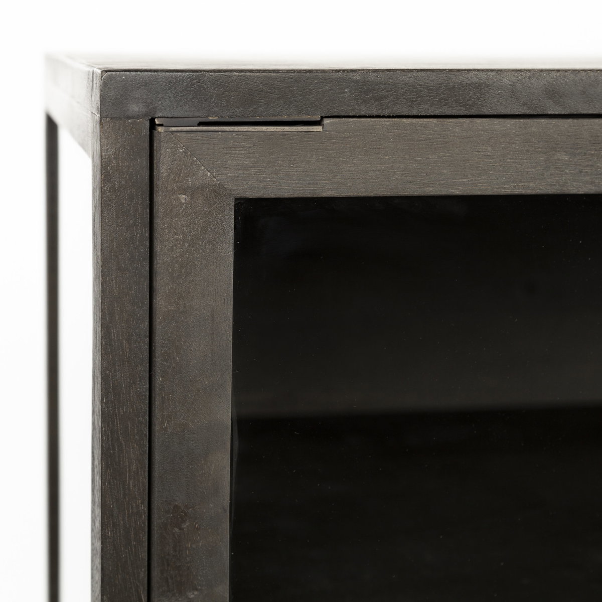 Arelius  36L x 18W Black-Brown Wood, Black Metal Base with 2 Glass Doors Accent Cabinet, Cabinets & Chest by Mercana, 36" length x 18" width x 32" height View 9