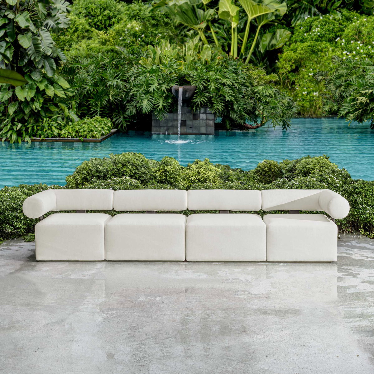 Bolster Back White Armless Outdoor Sofa, by Uttermost, 3' width x 2'5.25" height x 3' depth View 9