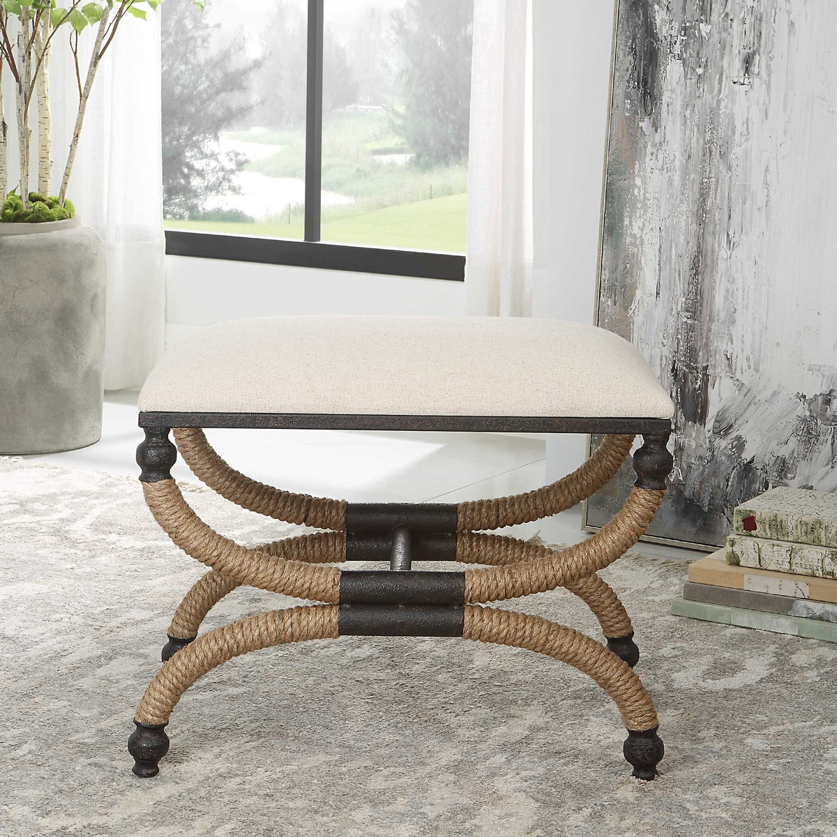 Icaria Upholstered Small Bench, Benche by Uttermost, 23.5" width x 19.5" height x 15.75" depth View 5