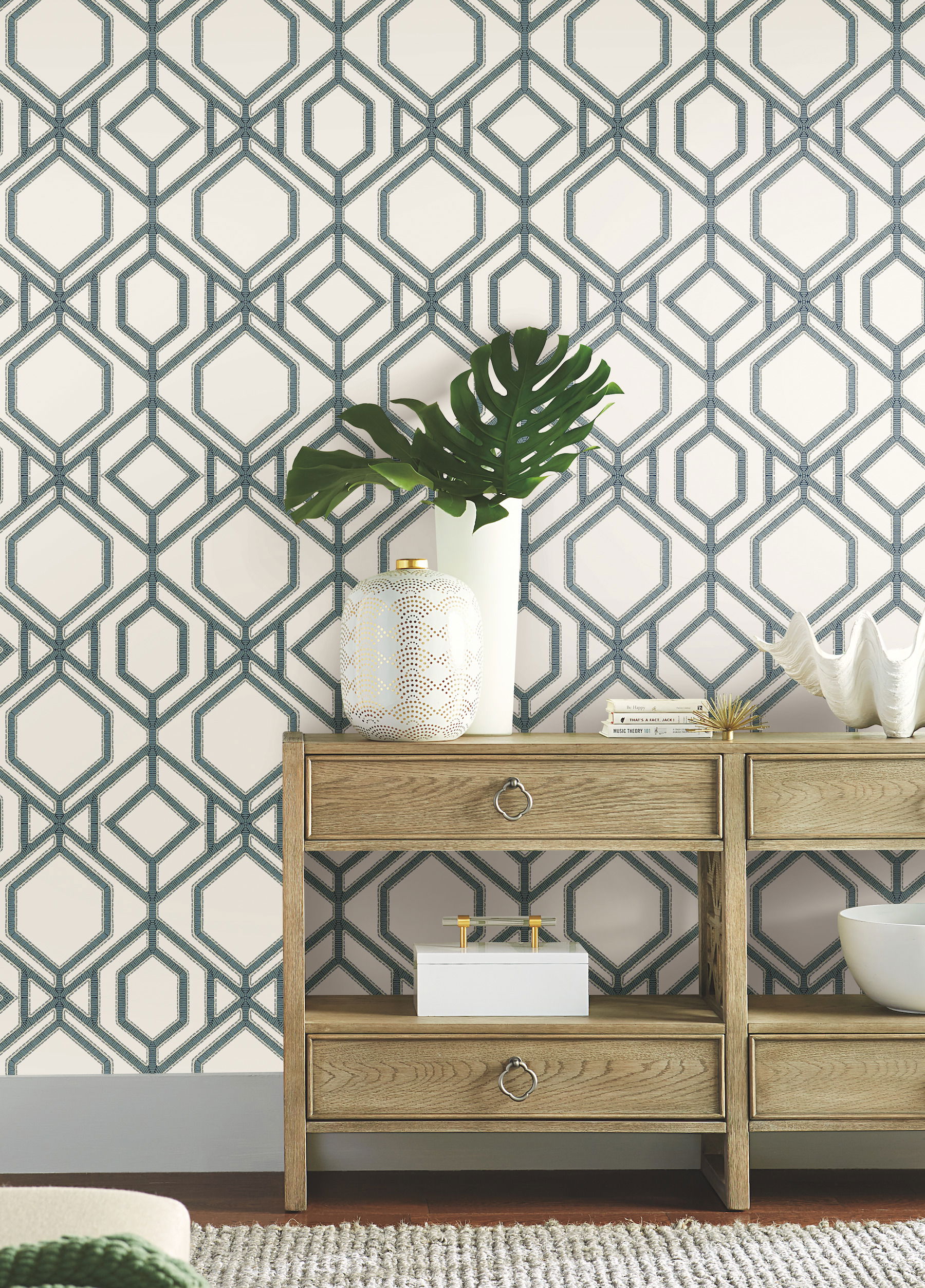 Sawgrass Trellis White & Blue Wallpaper large image 