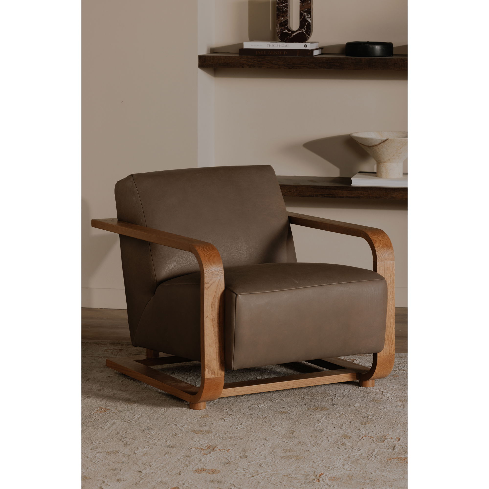 Eckersley Lounge Chair Cool Brown Leather, Accent Chair by Moe's Home, 29.5" width x 29" height x 36" depth View 8
