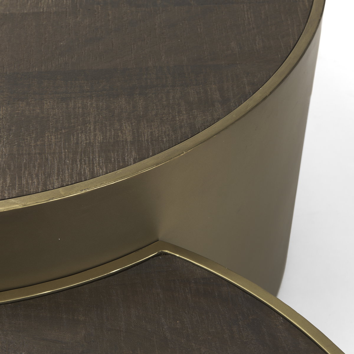 Eclipse Antique Brass Metal Drum Base with Dark Brown Wood Top Nested Coffee Table, by Mercana, 36.22" length x 36.22" width x 17.32" height View 13