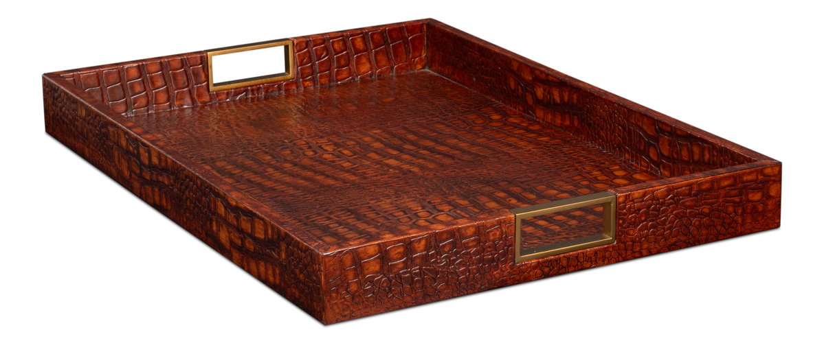 Norton Leather Tray  Croco Leather  Tan, by Sarreid, 1'6" length x 2' width x 2" height View 9