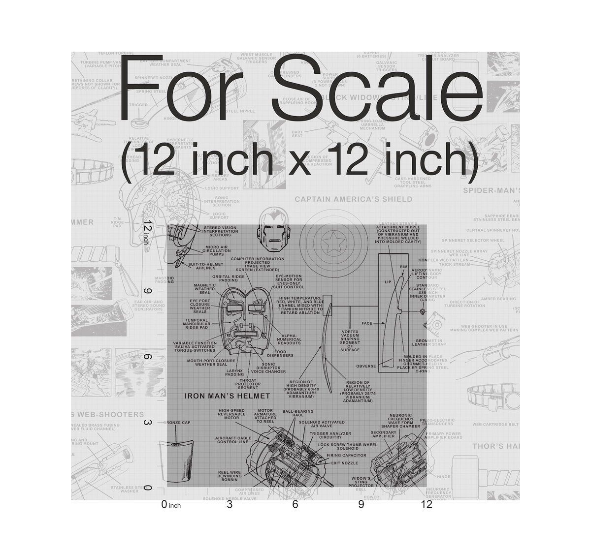 Marvels Heroes Schematics Grey & Black Wallpaper, by York Wall, 33' length x 1'8.5" width x 0.02" depth View 2