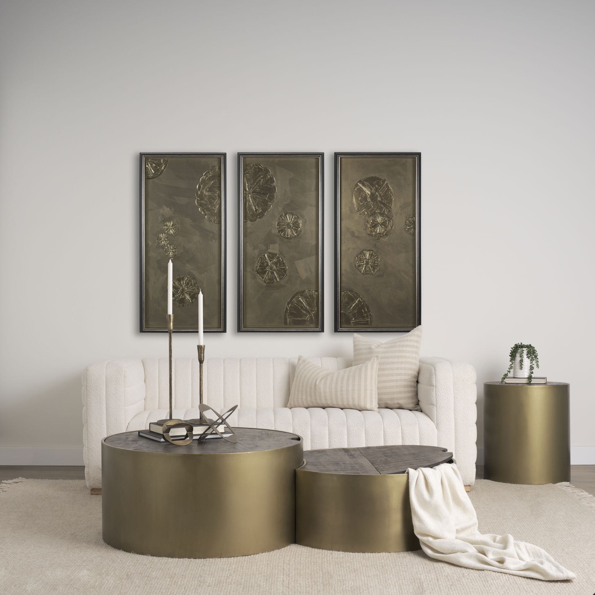 Eclipse Gold Metal Drum Base with Dark Brown Wood Top Nested Coffee Table large image 