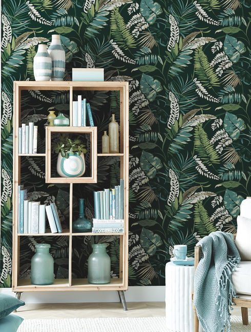 Tropical Toss Dark Green Wallpaper