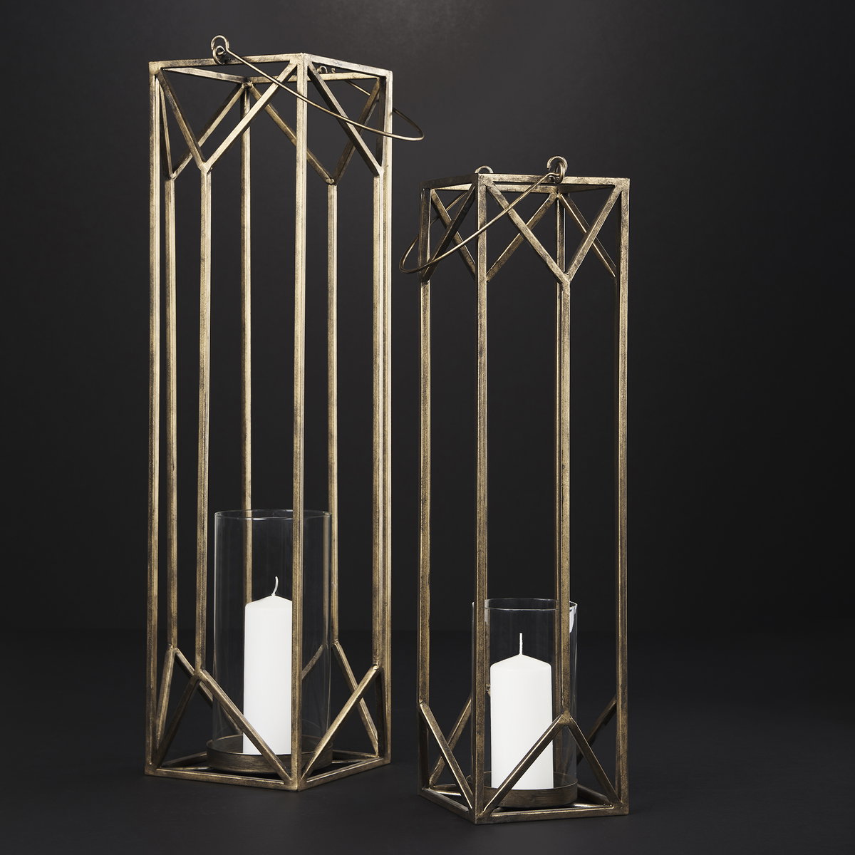 Ivy Large Gold Metal Geometric Cage Candle Holder Lantern, Lighting by Mercana, 10.24" length x 10.24" width x 36.02" height View 4