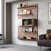 Online Designer Combined Living/Dining 5-Tier Modern Walnut Floating Bookshelf with Storage and LED Bookcase