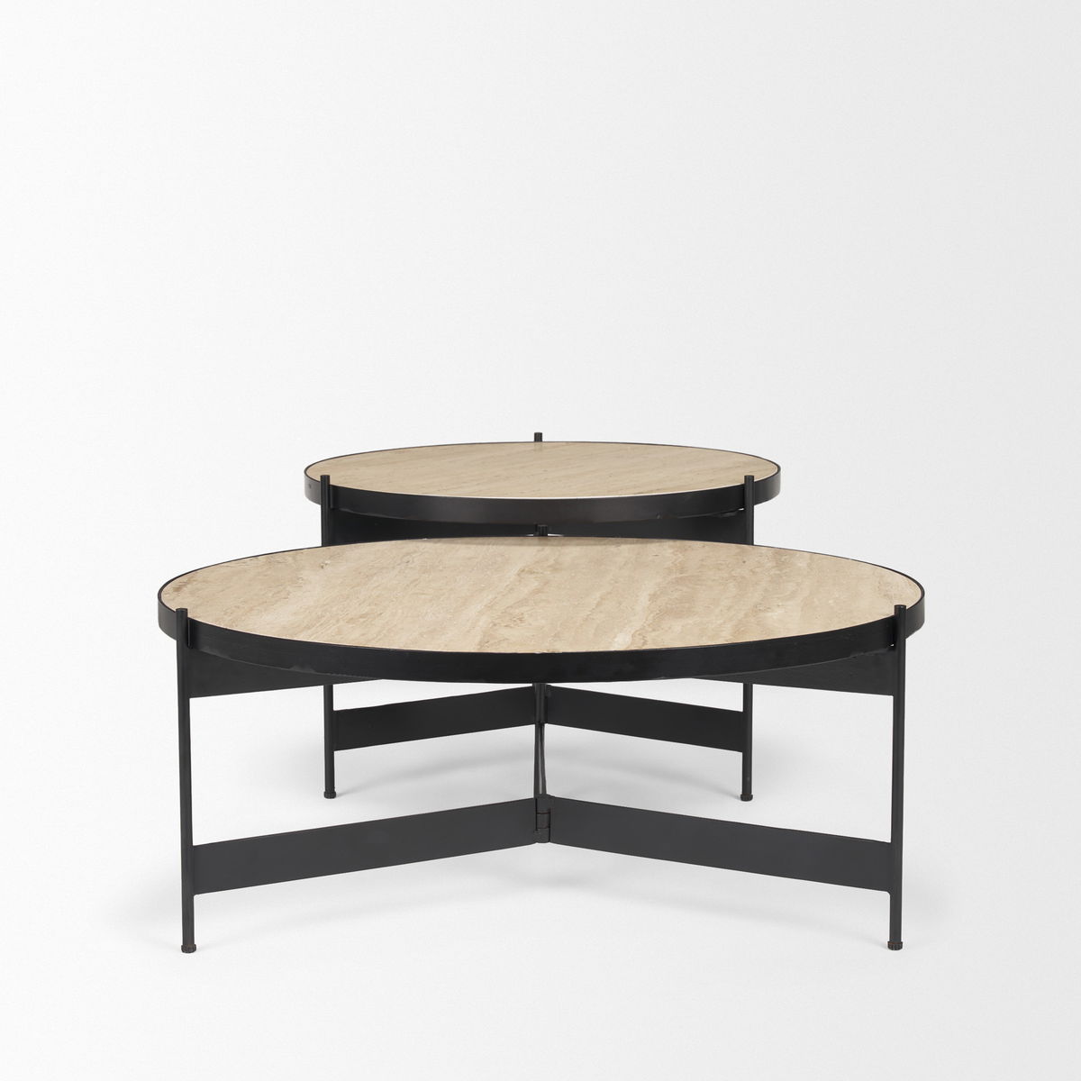 Wade Travertine Marble with Matte Black Metal Coffee Tables, by Mercana, 56" length x 32" width x 13.5" height View 6